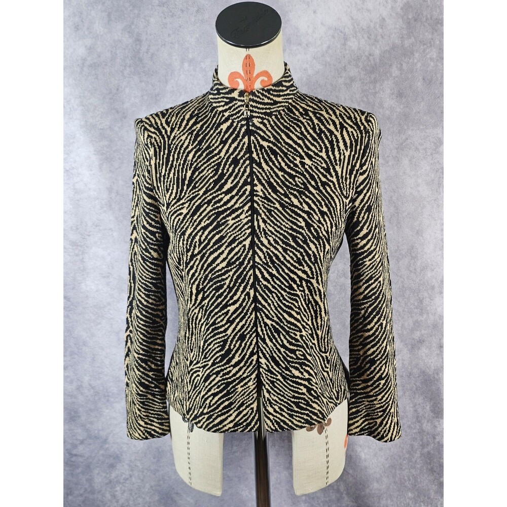 VTG St. John Collection Women 2 Animal Print Zip Up Brown Zebra Cardigan Jacket